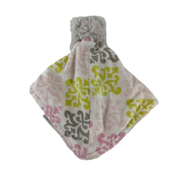 Blankets & Beyond Grey Teddy Bear Lovey Pink Green Pattern Pacifier Holder - Picture 2 of 7
